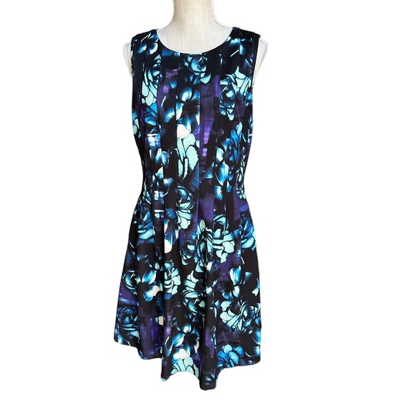 Vince Camuto Womens Blue Floral Print Fit &‎ Flare Midi Dress Size 14 - Picture 1 of 13